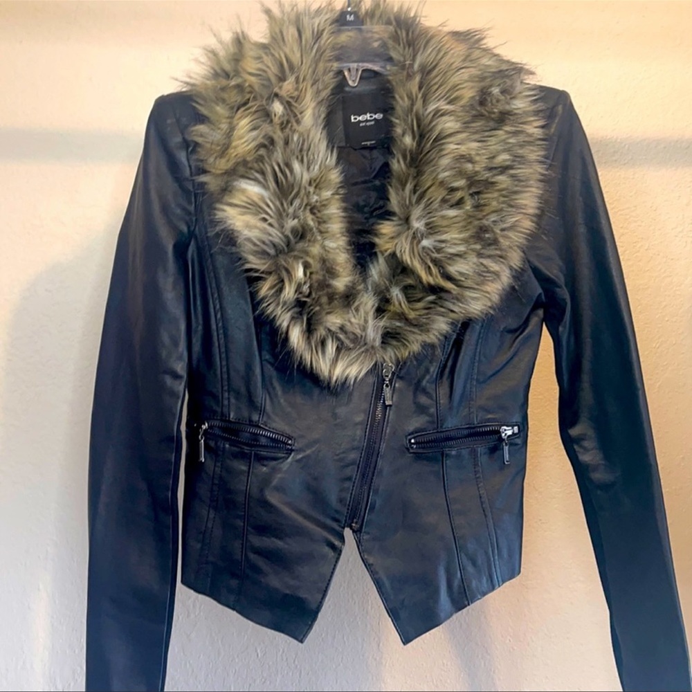 ISO BEBE FAUX LEATHER JACKET WITH FUR TRIM